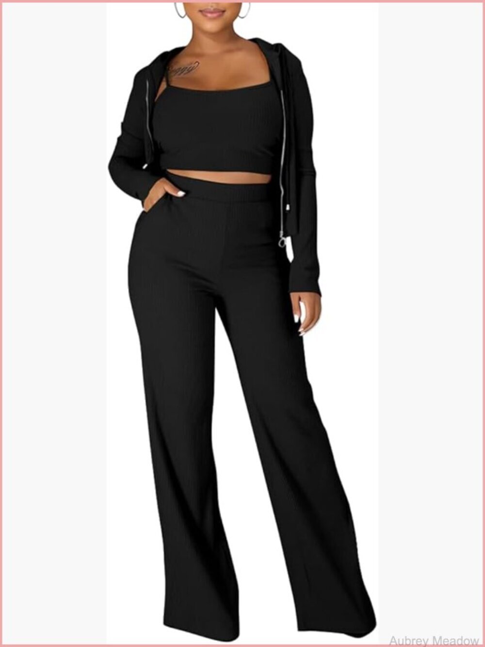 3 Piece Outfits for Women Ribbed Knit Hooded Cardigan Crop Top Wide Leg Palazzo